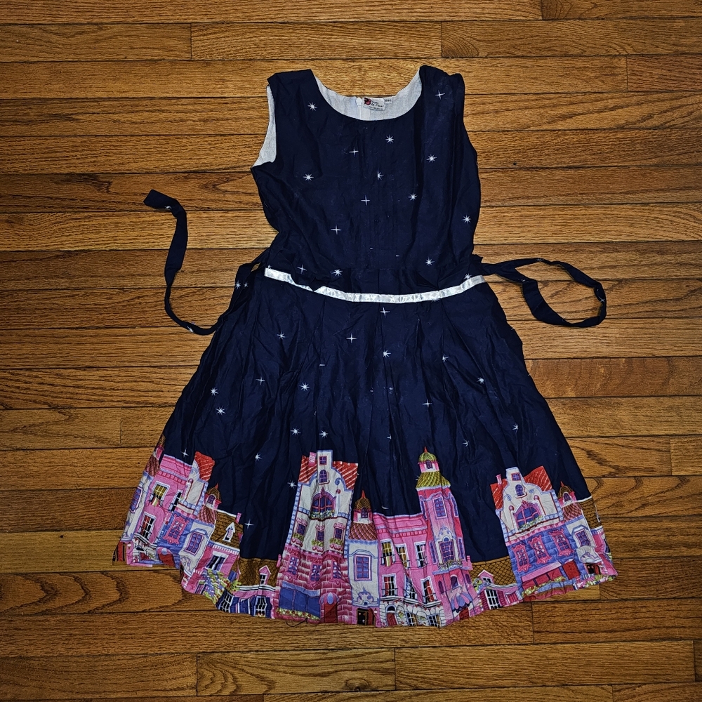 Navy Blue Kids Dress with Colorful Village Design Size 10 NWOT Sam De Fleur